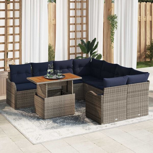vidaXL 9 Piece Garden Sofa Set with Cushions Grey Poly Rattan Acacia