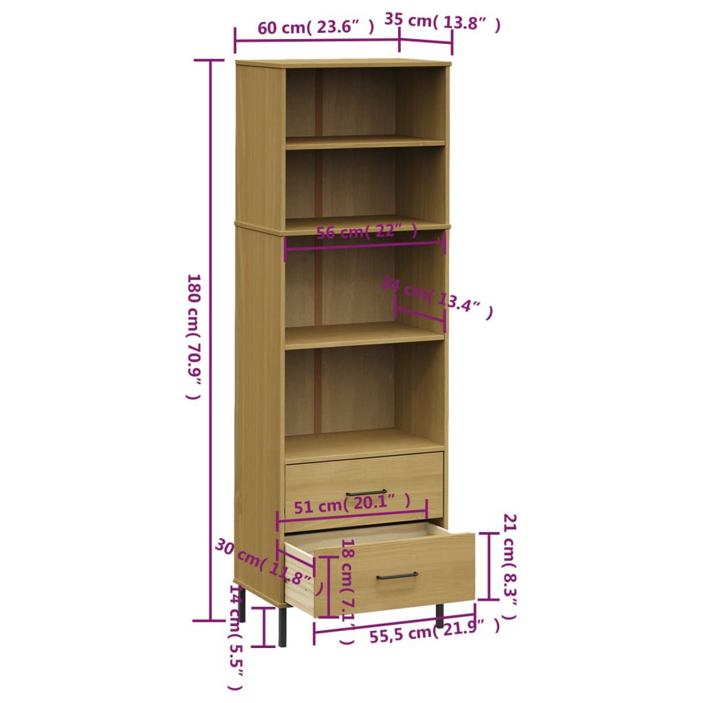 vidaXL Bookcase with 2 Drawers Brown 60x35x180 cm Solid Wood OSLO