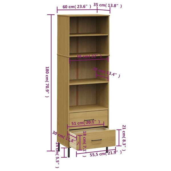 vidaXL Bookcase with 2 Drawers Brown 60x35x180 cm Solid Wood OSLO