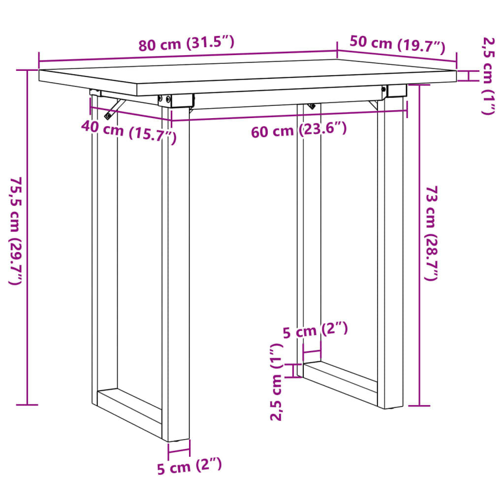 vidaXL Dining Table O-Frame 80x50x75.5 cm Solid Wood Pine and Steel