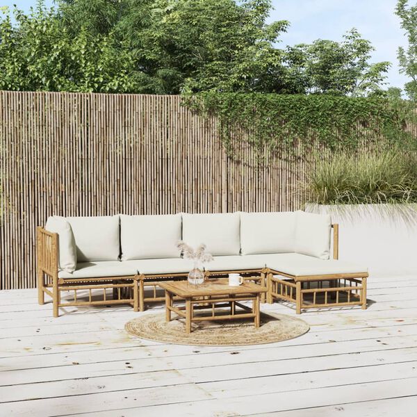 vidaXL 6 Piece Garden Lounge Set with Cream White Cushions Bamboo