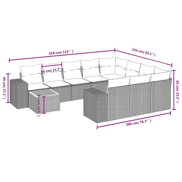 vidaXL 11 Piece Garden Sofa Set with Cushions Grey Poly Rattan