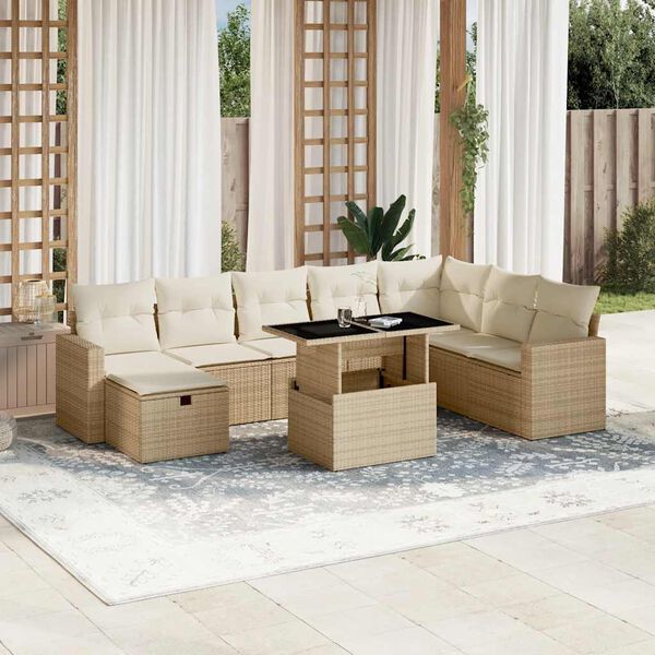 vidaXL 9 Piece Garden Sofa Set with Cushions Beige Poly Rattan