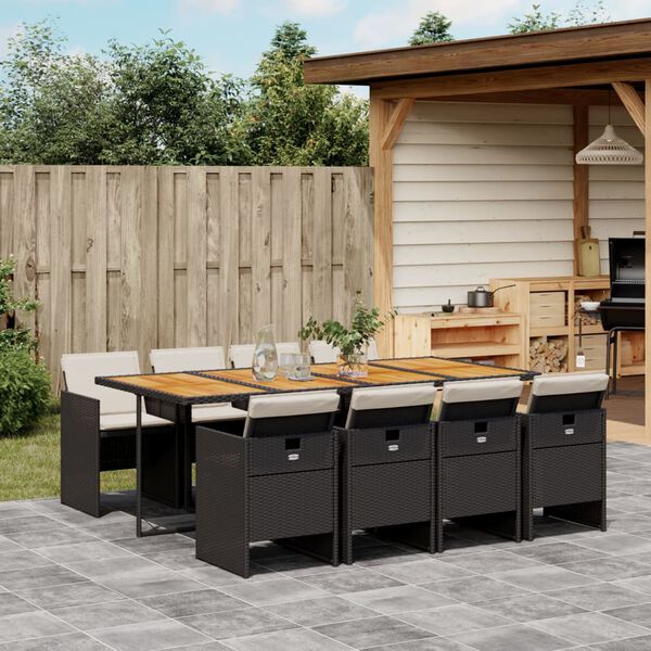 vidaXL 9 Piece Garden Dining Set with Cushions Black Poly Rattan