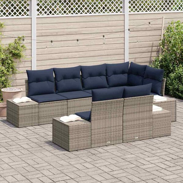 vidaXL Garden Sofa Set with Cushion 7 pcs Grey Poly Rattan
