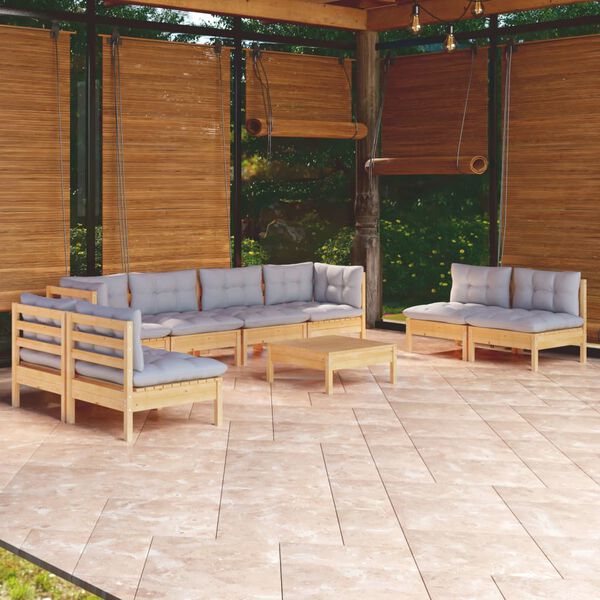 vidaXL 9 Piece Garden Lounge Set with Grey Cushions Solid Pinewood