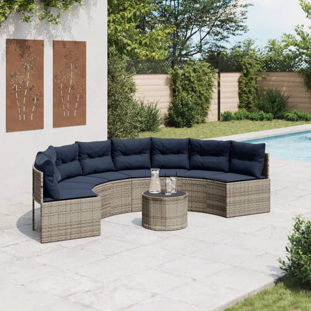 vidaXL Garden Sofa with Table and Cushions Half-Round Grey Poly Rattan