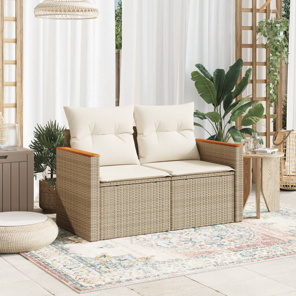 vidaXL Garden Sofa with Cushions 2-Seater Beige Poly Rattan