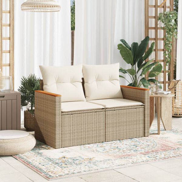 vidaXL Garden Sofa with Cushions 2-Seater Beige Poly Rattan