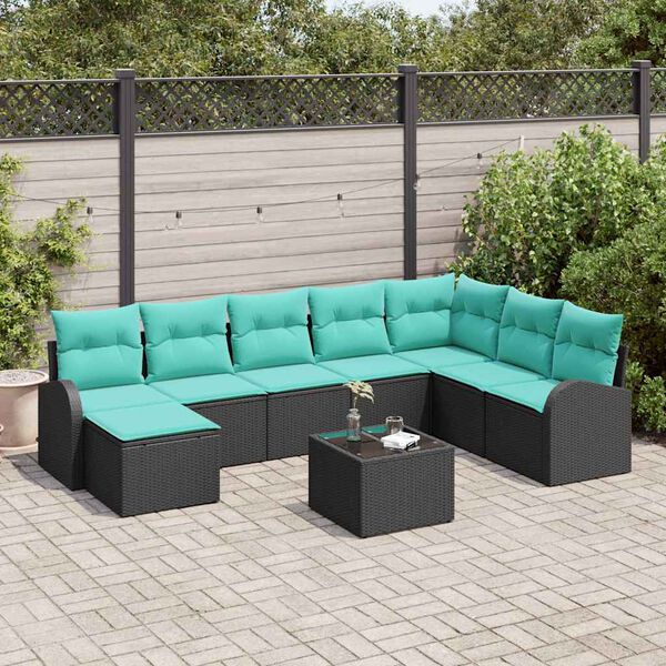 vidaXL Sofa Set with Cushion 9 pcs Black and Turquoise Poly Rattan