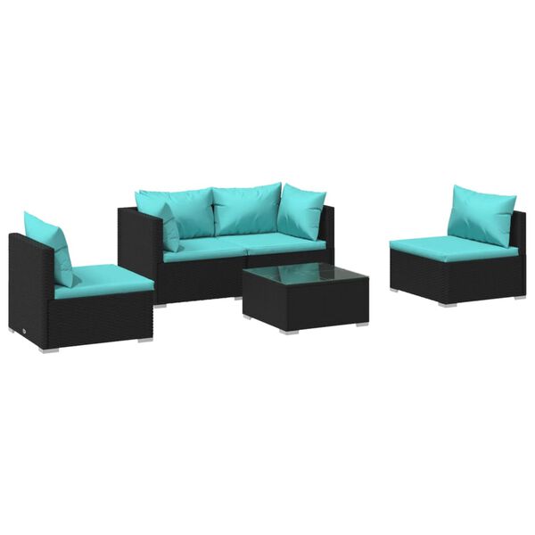 vidaXL 5 Piece Garden Lounge Set with Cushions Poly Rattan Black