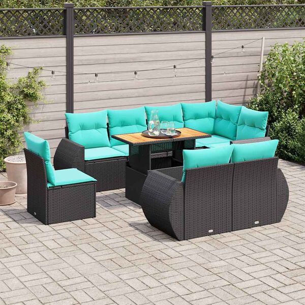 vidaXL 9 Piece Garden Sofa Set with Cushions Black Poly Rattan