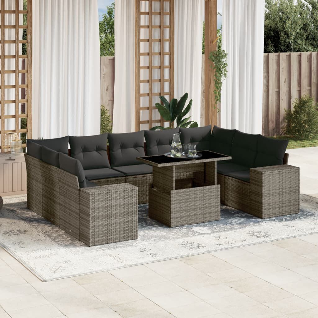 vidaXL 10 Piece Garden Sofa Set with Cushions Grey Poly Rattan