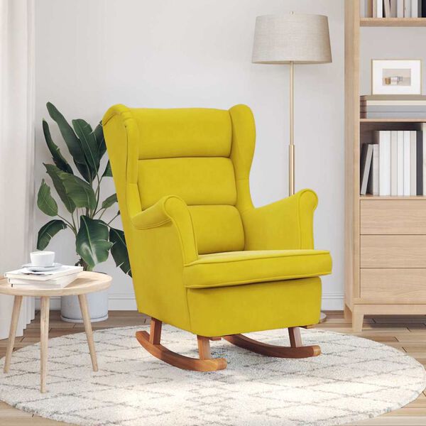 vidaXL Rocking Chair Wingback Yellow Velvet and Solid Wood