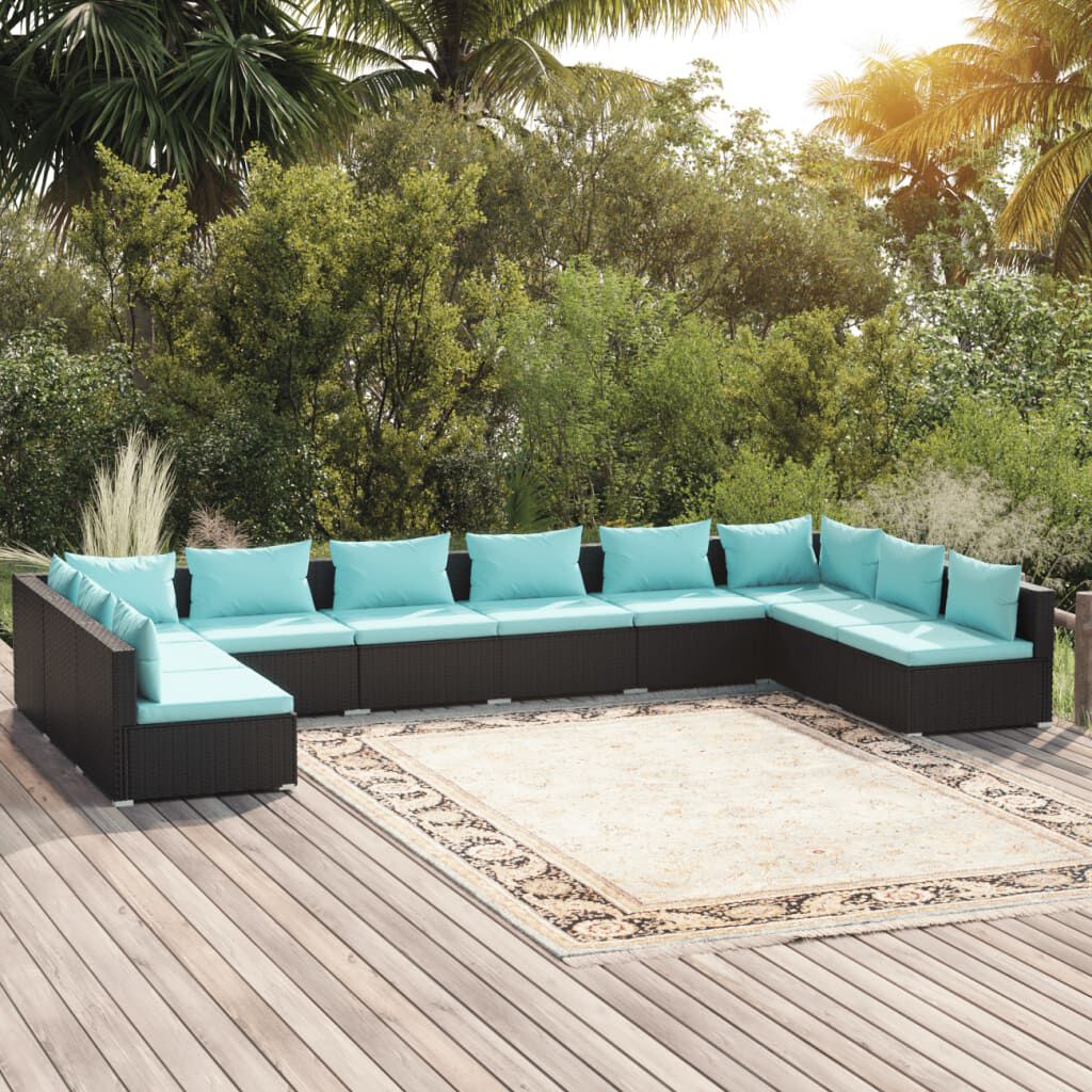 vidaXL 10 Piece Garden Lounge Set with Cushions Poly Rattan Black