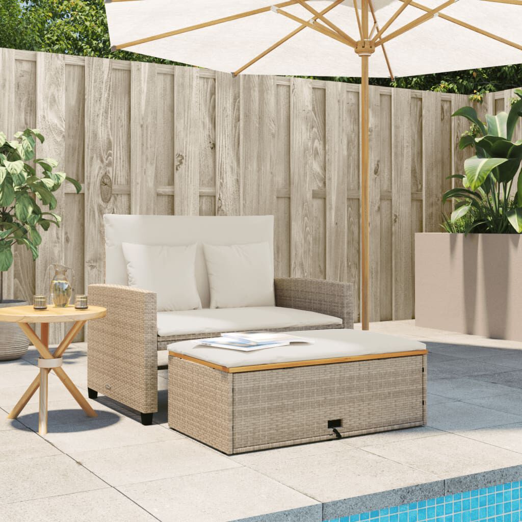 vidaXL Garden Sofa with Cushions 2-Seater Beige Poly Rattan&Acacia Wood