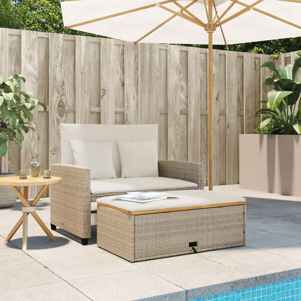 vidaXL Garden Sofa with Cushions 2-Seater Beige Poly Rattan&Acacia Wood