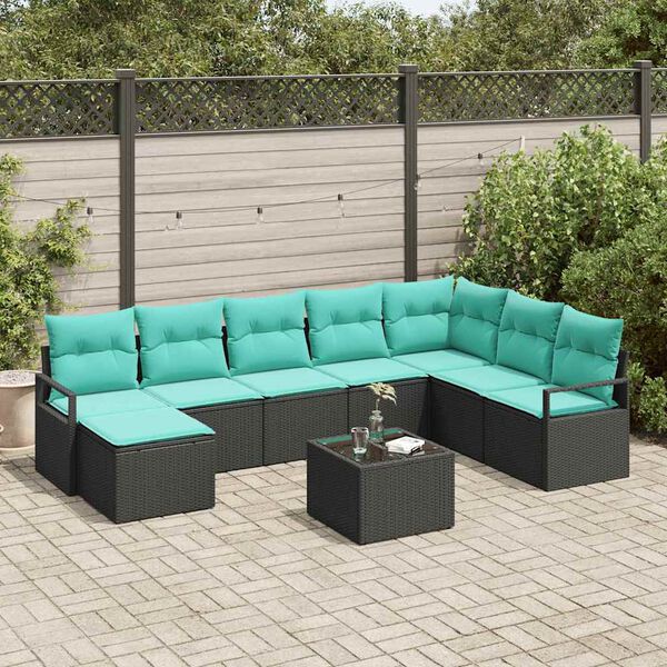 vidaXL Sofa Set with Cushion 9 pcs Black and Turquoise Poly Rattan