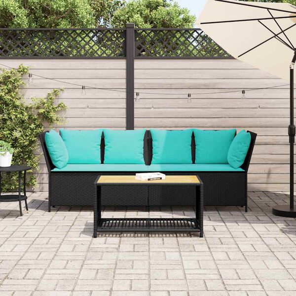 vidaXL Garden Sofa with Cushions Black Poly Rattan