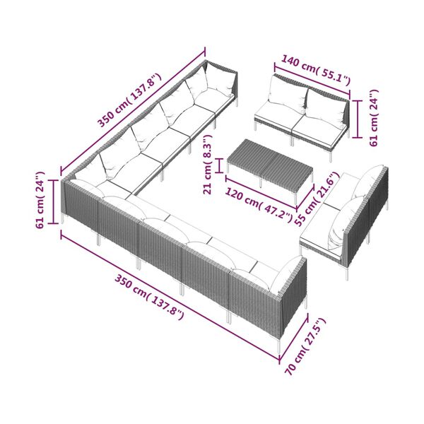vidaXL 14 Piece Garden Lounge Set with Cushions Poly Rattan Dark Grey