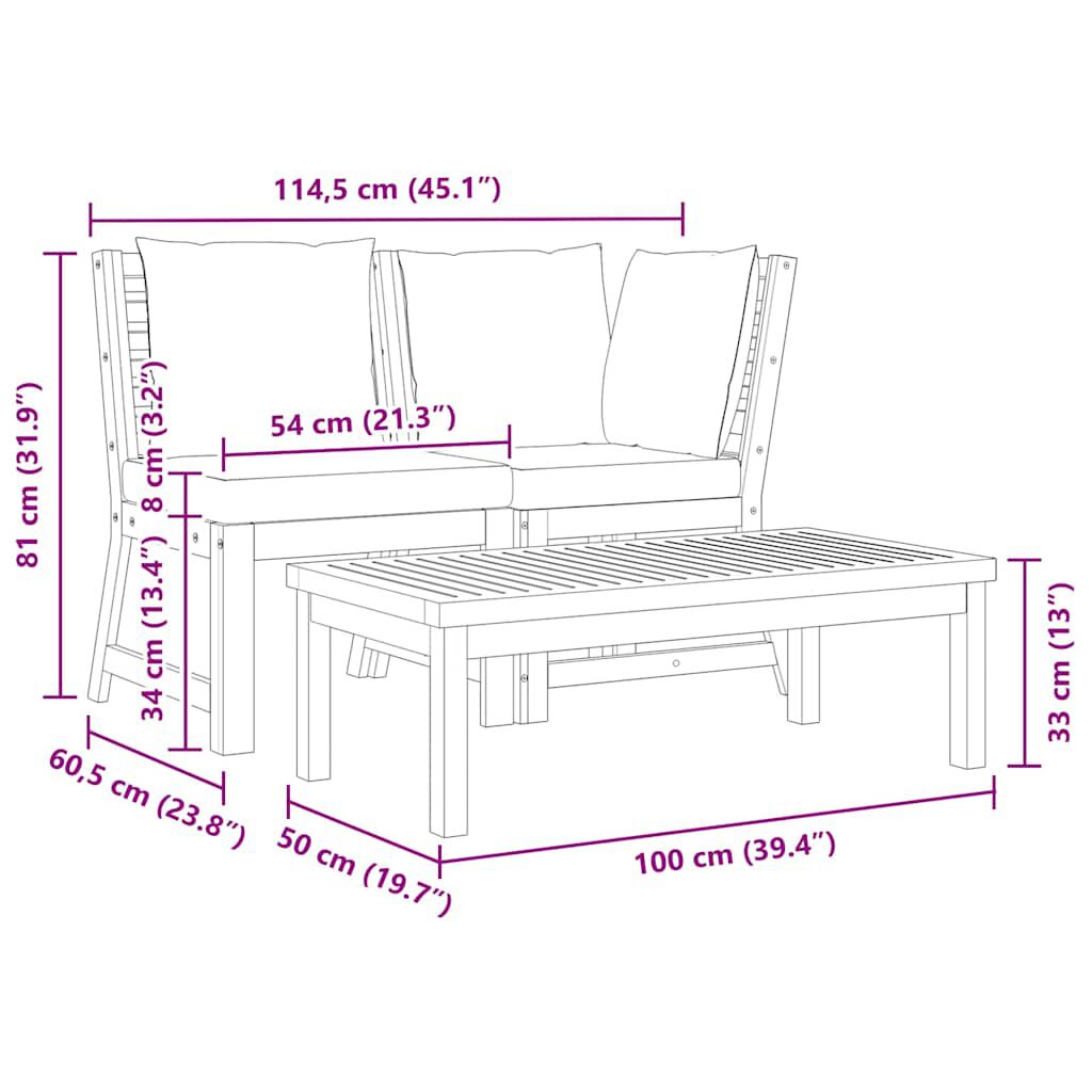 vidaXL 3 Piece Garden Lounge Set with Cream Cushion Solid Acacia Wood