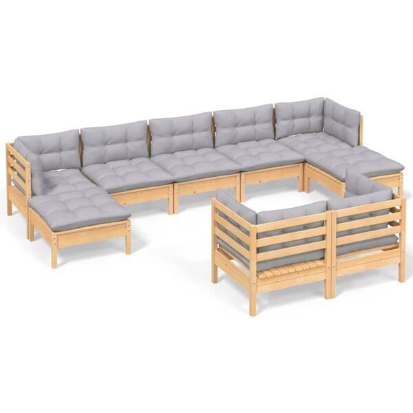 vidaXL 9 Piece Garden Lounge Set with Grey Cushions Solid Pinewood