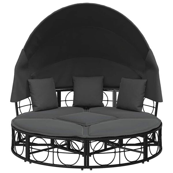 vidaXL Outdoor Lounge Bed with Canopy and Cushions Black Poly Rattan