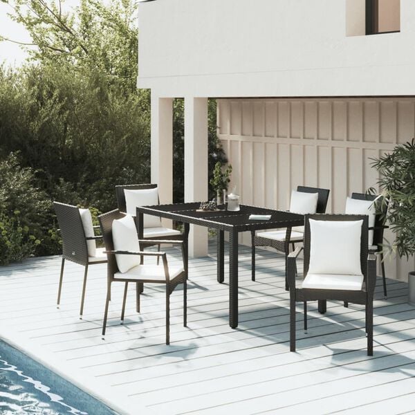 vidaXL 7 Piece Garden Dining Set with Cushions Black Poly Rattan