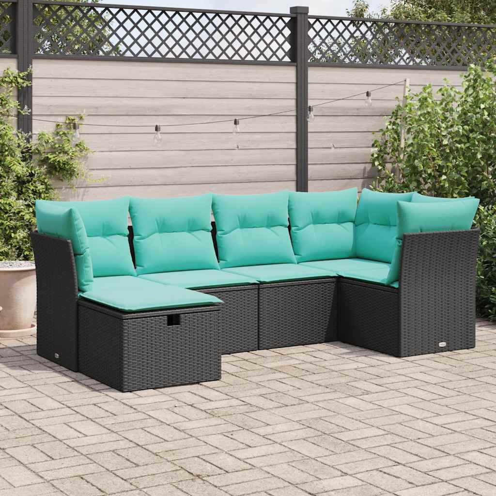 vidaXL 6 Piece Garden Sofa Set with Cushions Black Poly Rattan