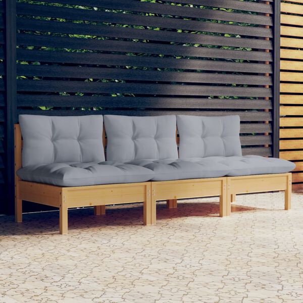vidaXL 3-Seater Garden Sofa with Grey Cushions Solid Pinewood