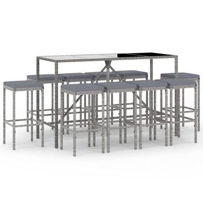 vidaXL 11 Piece Garden Bar Set with Cushions Grey Poly Rattan