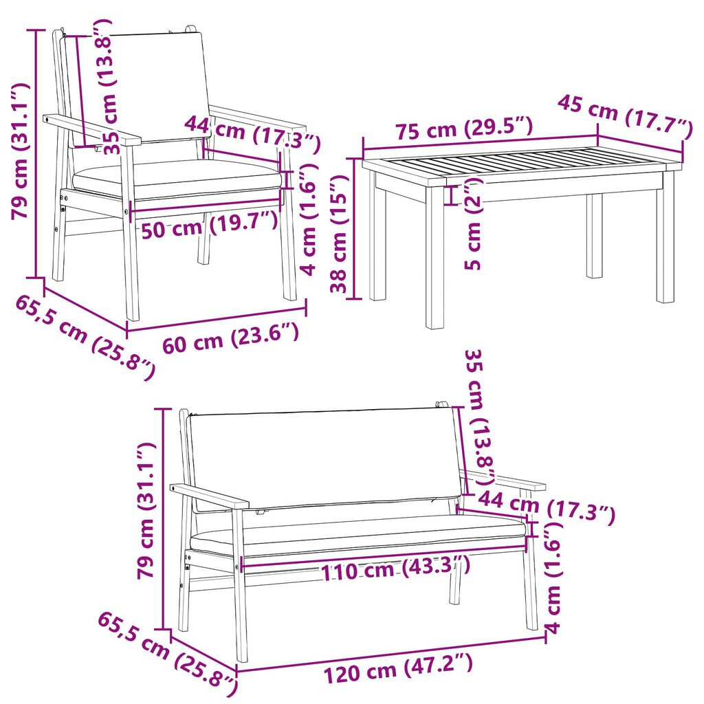 vidaXL 4 Piece Garden Sofa Set with Cushions Solid Wood Acacia