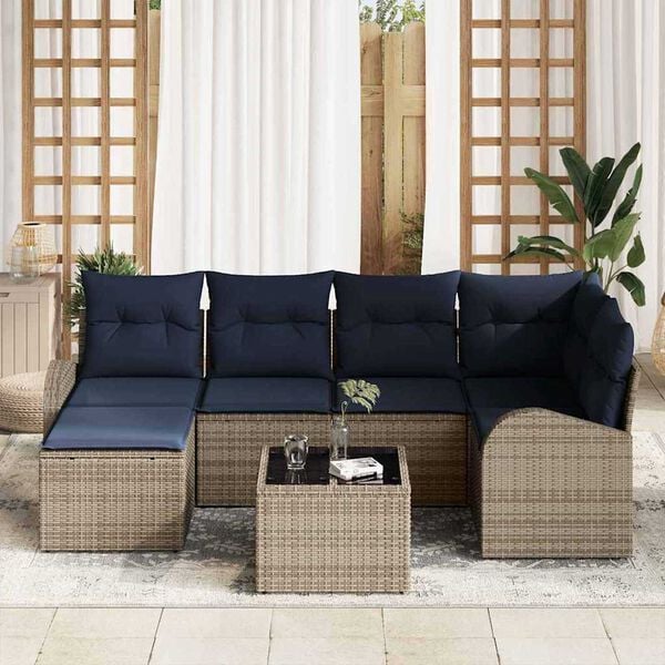 vidaXL Garden Sofa Set with Cushion 7 pcs Grey Poly rattan