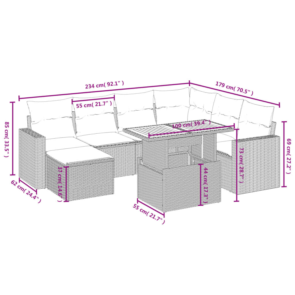 vidaXL 8 Piece Garden Sofa Set with Cushions Grey Poly Rattan