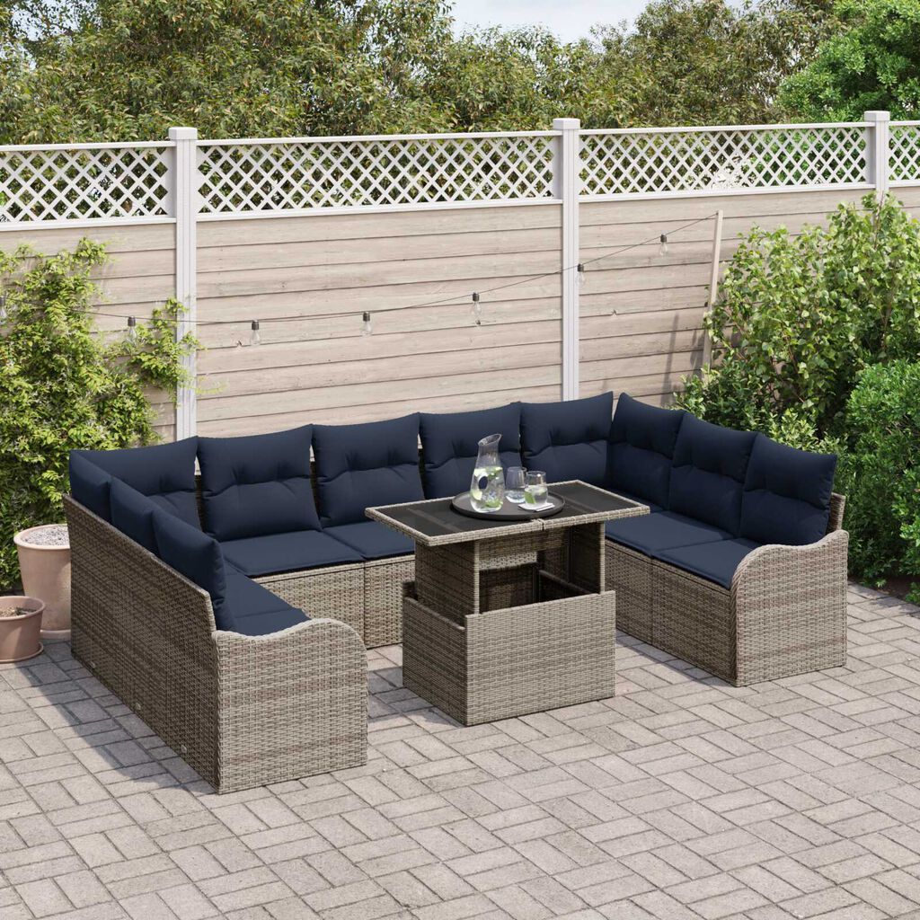 vidaXL 10 Piece Garden Sofa Set with Cushions Grey Poly Rattan