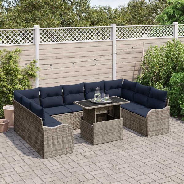 vidaXL 10 Piece Garden Sofa Set with Cushions Grey Poly Rattan