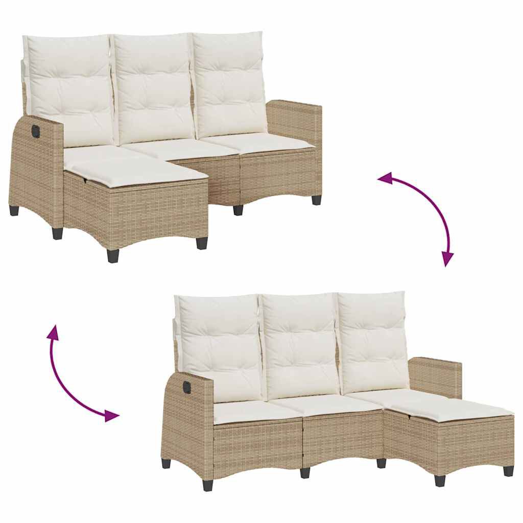 vidaXL Reclining Garden Sofa with Cushions L-shaped Beige Poly Rattan