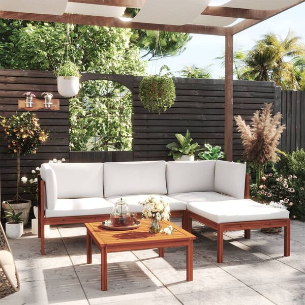 vidaXL 5 Piece Garden Lounge Set with Cushions Cream Solid Acacia Wood