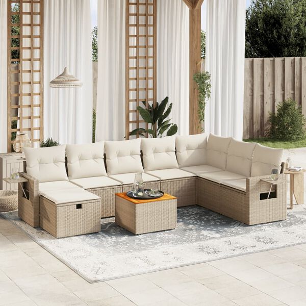 vidaXL 9 Piece Garden Sofa Set with Cushions Beige Poly Rattan