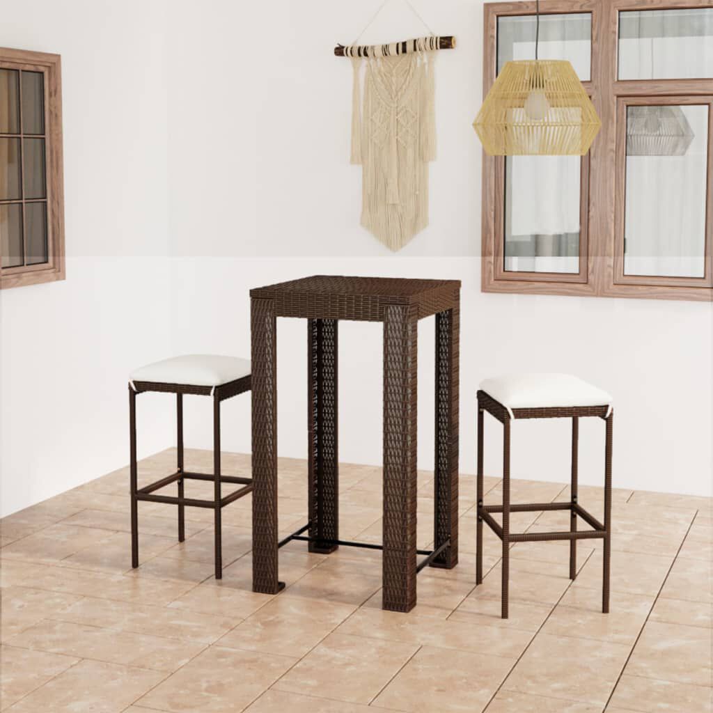 vidaXL 3 Piece Garden Bar Set with Cushions Poly Rattan Brown
