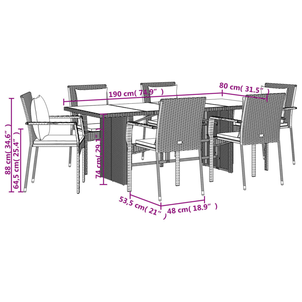 vidaXL 7 Piece Garden Dining Set with Cushions Black Poly Rattan