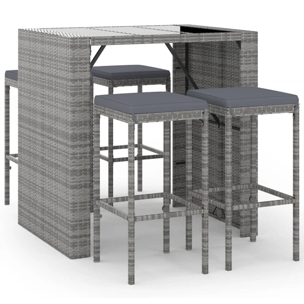 vidaXL 5 Piece Garden Bar Set with Cushions Grey Poly Rattan