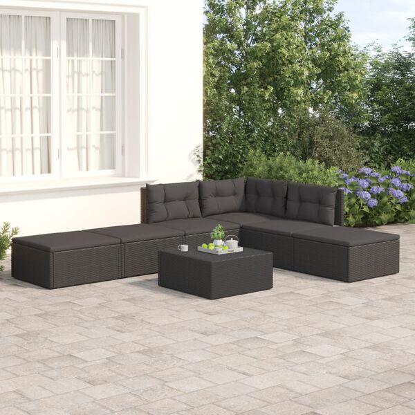 vidaXL 6 Piece Garden Lounge Set with Cushions Black Poly Rattan