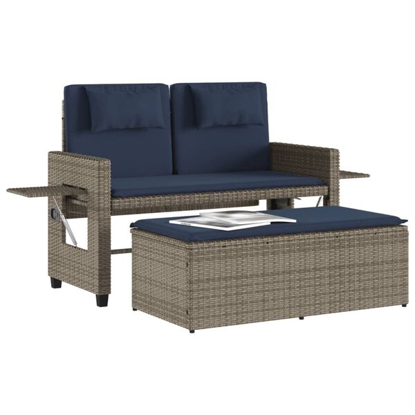 vidaXL Reclining Garden Bench with Cushions Grey Poly Rattan