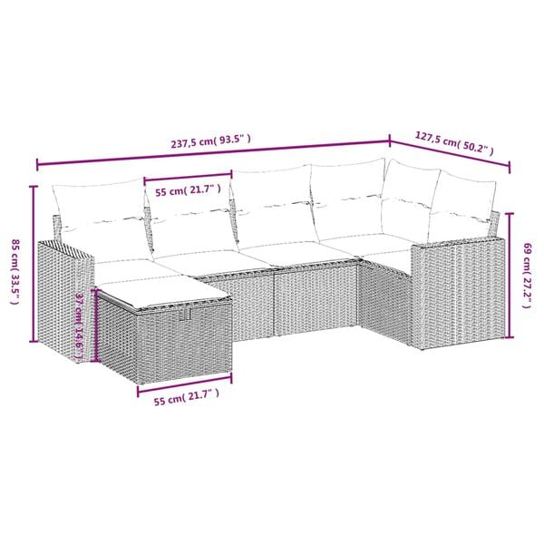 vidaXL 7 Piece Garden Sofa Set with Cushions Black Poly Rattan