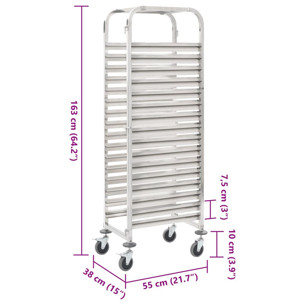 vidaXL Kitchen Trolley for 16 Trays 38x55x163 cm Stainless Steel