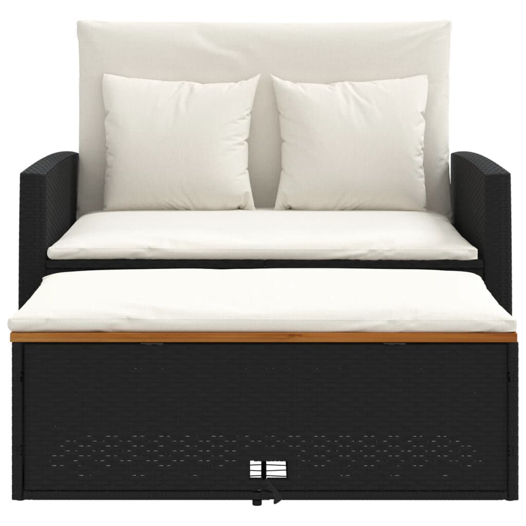 vidaXL Garden Sofa with Cushions 2-Seater Black Poly Rattan&Acacia Wood