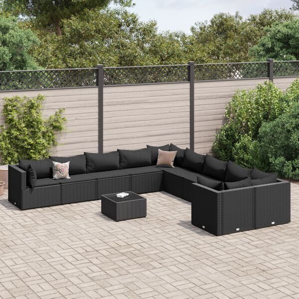 vidaXL 11 Piece Garden Sofa Set with Cushions Black Poly Rattan