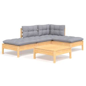 vidaXL 5 Piece Garden Lounge Set with Grey Cushions Pinewood