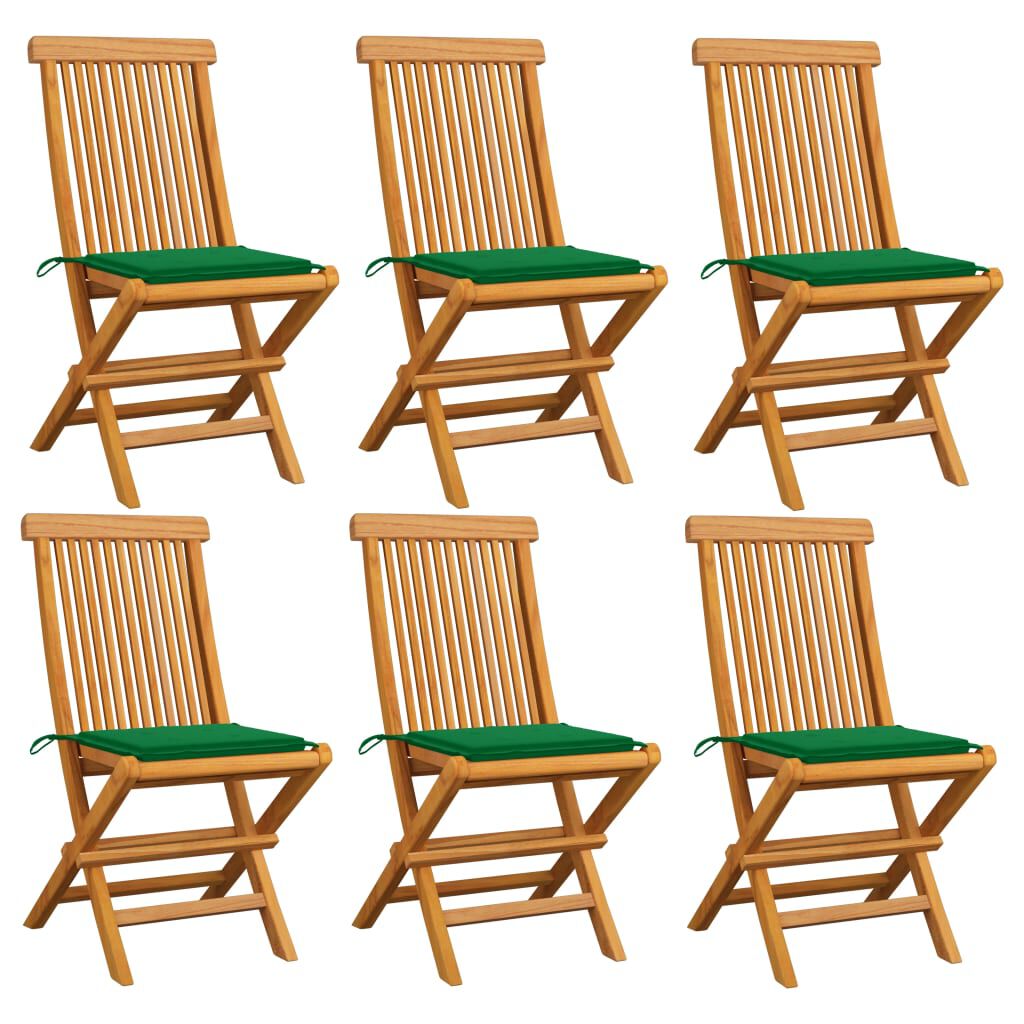 vidaXL Garden Chairs with Green Cushions 6 pcs Solid Teak Wood